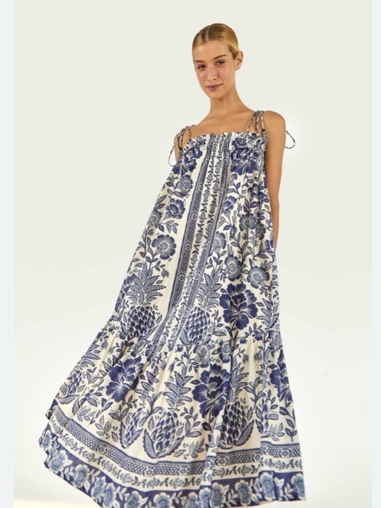 FARM Rio Dresses & Skirts - FARM Rio Blue & Cream Botanical Tie-Shoulder Maxi Dress